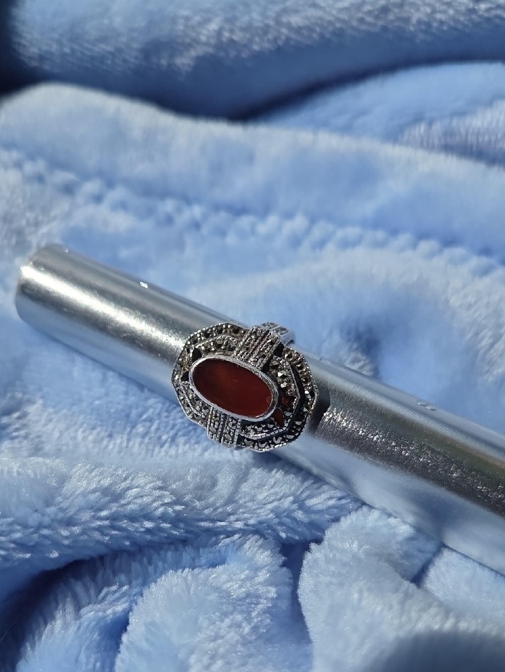 Vintage 925 Sterling Silver Carnelian Marcasite  Ring Size 6.5 Pre Owned